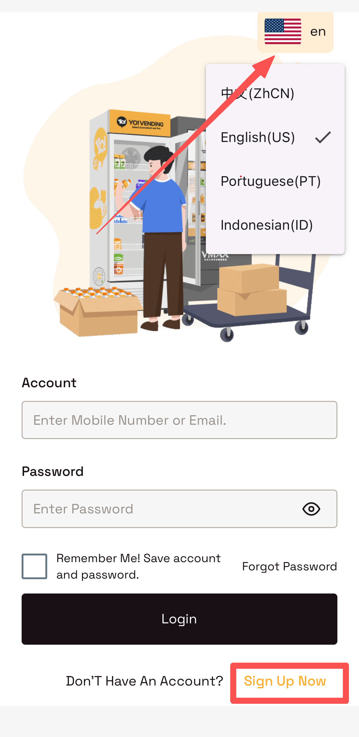 Language selection screen